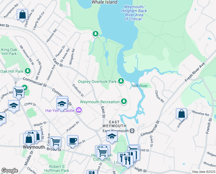 map of restaurants, bars, coffee shops, grocery stores, and more near 37 Lee Street in Weymouth
