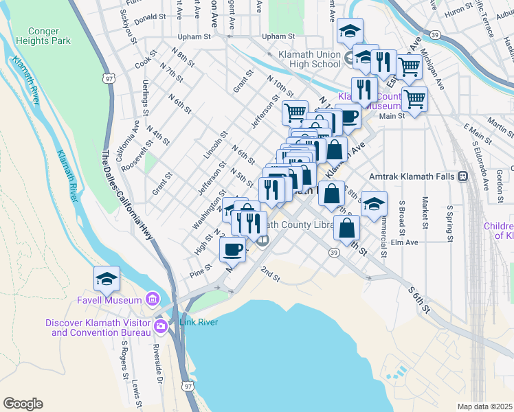 map of restaurants, bars, coffee shops, grocery stores, and more near 405 Pine Street in Klamath Falls