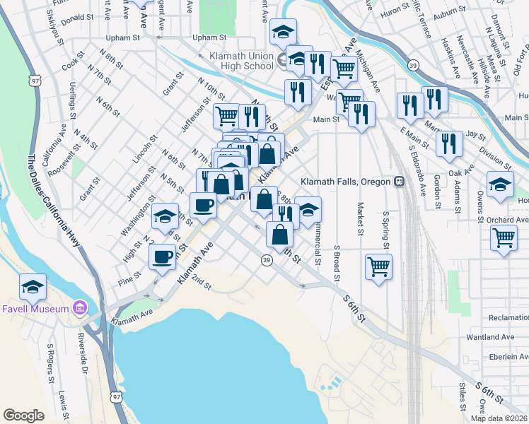 map of restaurants, bars, coffee shops, grocery stores, and more near 308 South 7th Street in Klamath Falls