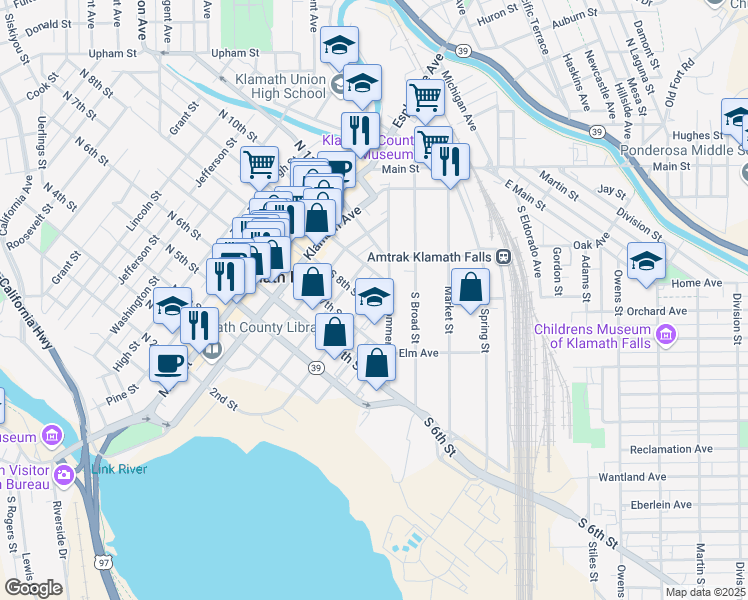map of restaurants, bars, coffee shops, grocery stores, and more near 505 South 8th Street in Klamath Falls