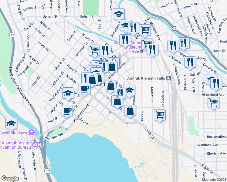 map of restaurants, bars, coffee shops, grocery stores, and more near in Klamath Falls