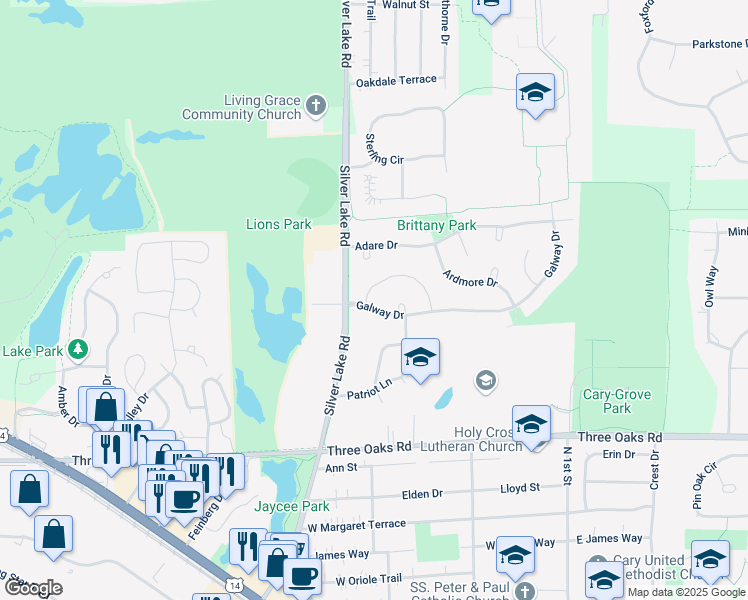 map of restaurants, bars, coffee shops, grocery stores, and more near 437 Galway Drive in Cary