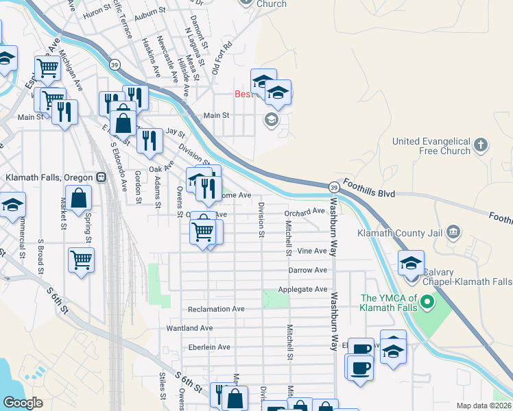 map of restaurants, bars, coffee shops, grocery stores, and more near 2234 Orchard Avenue in Klamath Falls