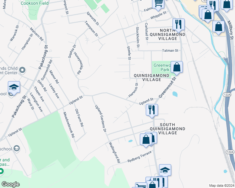 map of restaurants, bars, coffee shops, grocery stores, and more near 57 Upland Street in Worcester