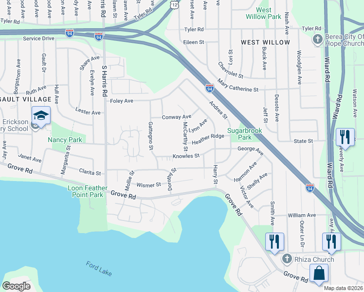 map of restaurants, bars, coffee shops, grocery stores, and more near 1540 McCarthy Street in Ypsilanti
