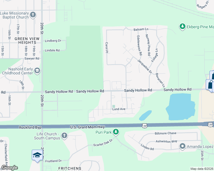 map of restaurants, bars, coffee shops, grocery stores, and more near 2841 Sandy Hollow Road in Rockford