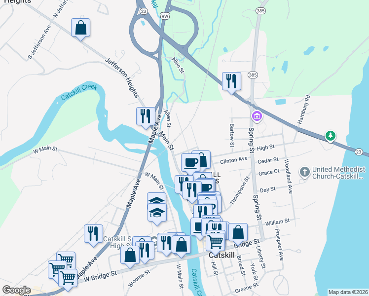map of restaurants, bars, coffee shops, grocery stores, and more near 65 Summit Avenue in Catskill
