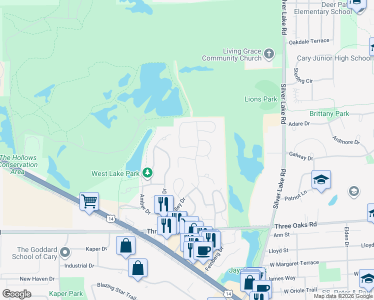 map of restaurants, bars, coffee shops, grocery stores, and more near 806 Oak Valley Drive in Cary