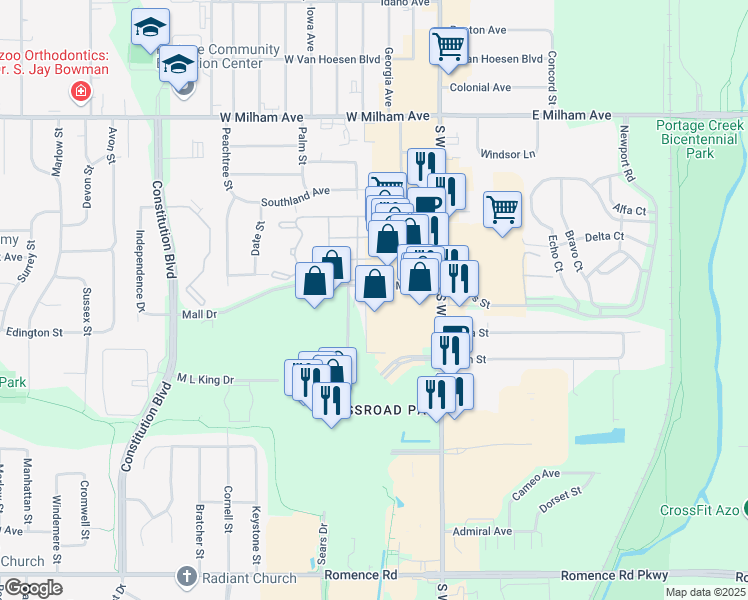 map of restaurants, bars, coffee shops, grocery stores, and more near 325 Mall Drive in Portage