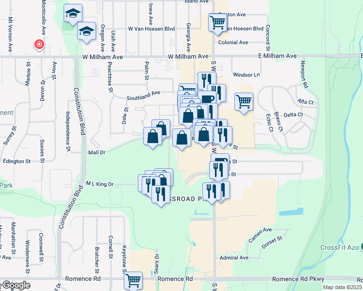 map of restaurants, bars, coffee shops, grocery stores, and more near 325 Mall Drive in Portage