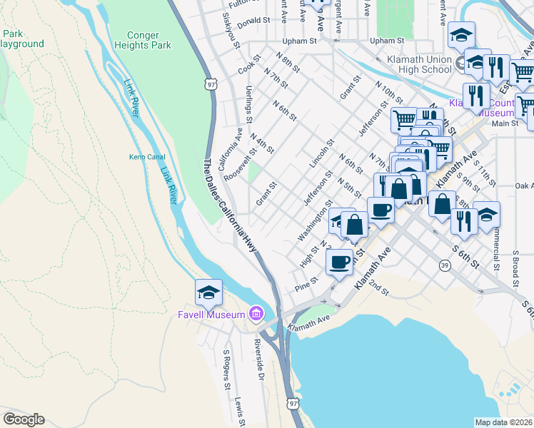 map of restaurants, bars, coffee shops, grocery stores, and more near 79 Lincoln Street in Klamath Falls
