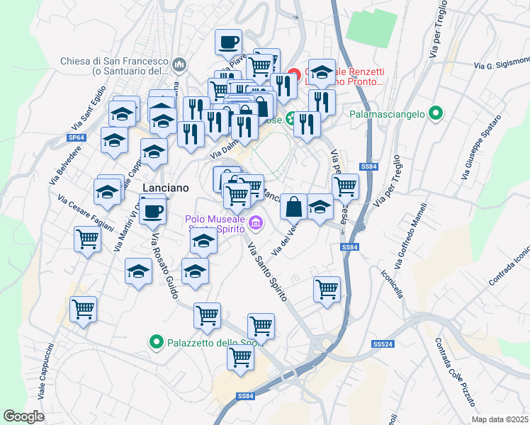 map of restaurants, bars, coffee shops, grocery stores, and more near 130 Via del Mancino in Lanciano