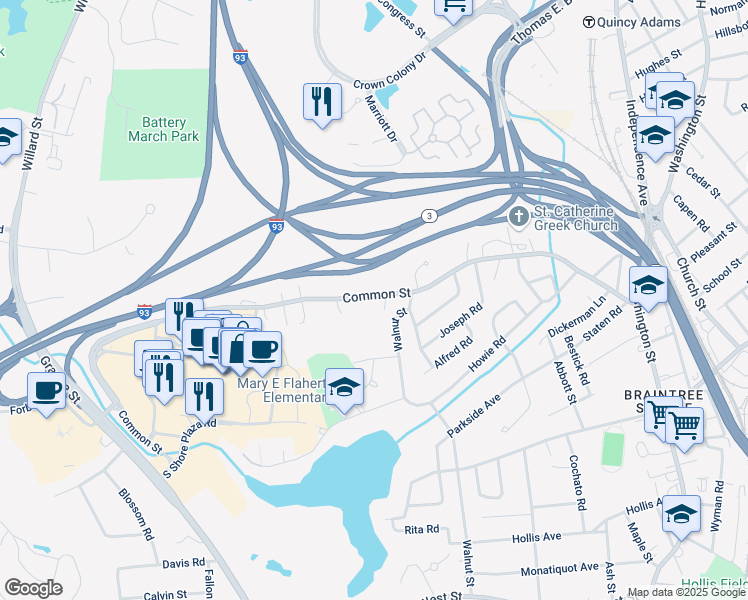 map of restaurants, bars, coffee shops, grocery stores, and more near 255 Common Street in Braintree