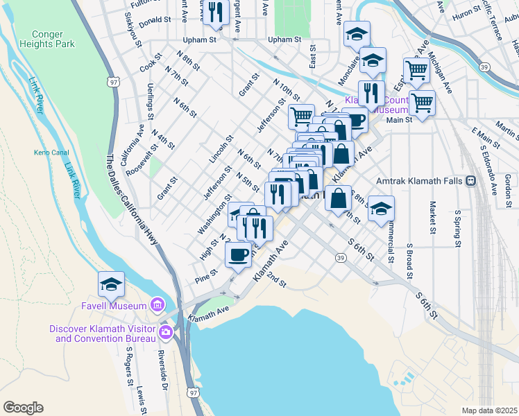 map of restaurants, bars, coffee shops, grocery stores, and more near 405 Pine Street in Klamath Falls