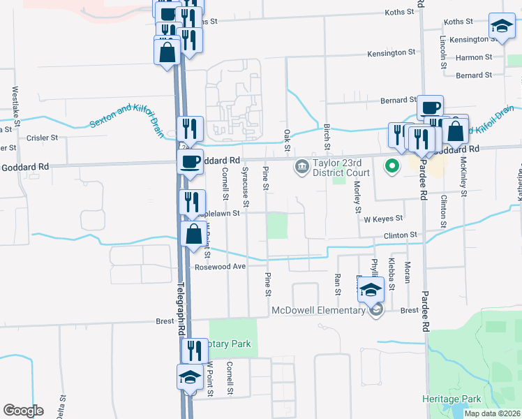 map of restaurants, bars, coffee shops, grocery stores, and more near 11093 Syracuse Street in Taylor