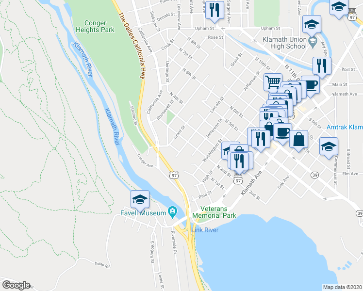 map of restaurants, bars, coffee shops, grocery stores, and more near 119 Lincoln Street in Klamath Falls