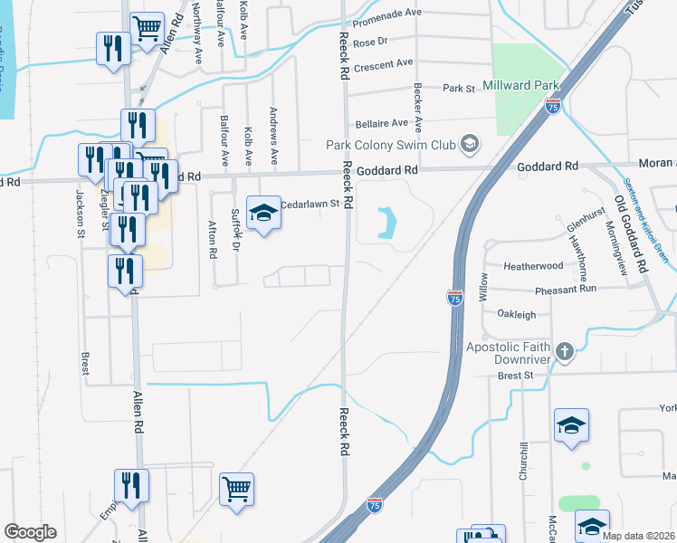 map of restaurants, bars, coffee shops, grocery stores, and more near 11350 Reeck Road in Southgate
