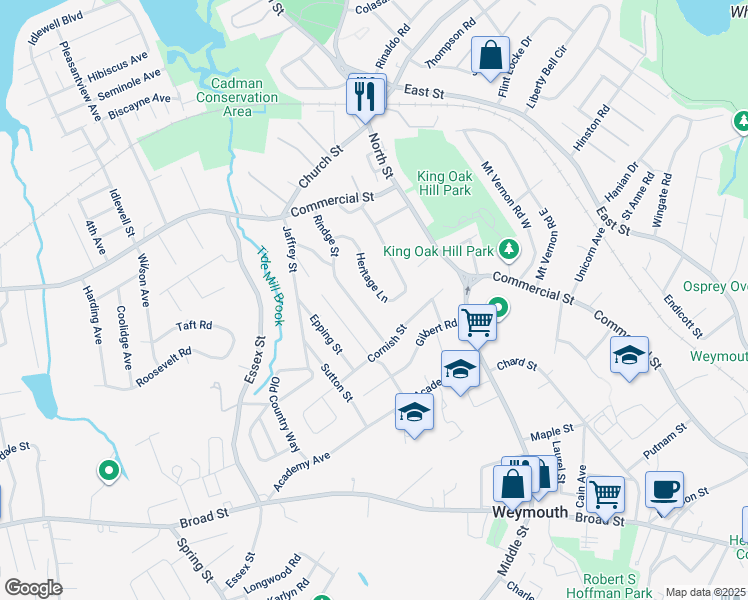 map of restaurants, bars, coffee shops, grocery stores, and more near 142 Heritage Lane in Weymouth