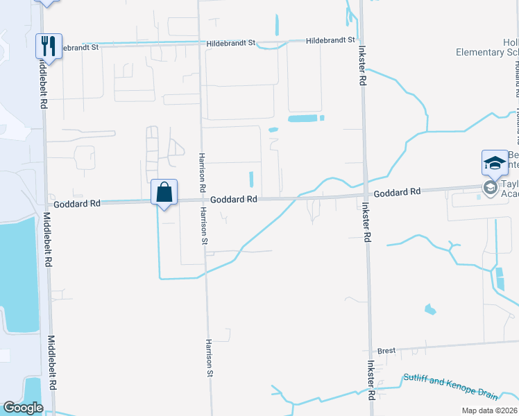 map of restaurants, bars, coffee shops, grocery stores, and more near 28260 Goddard Road in Romulus