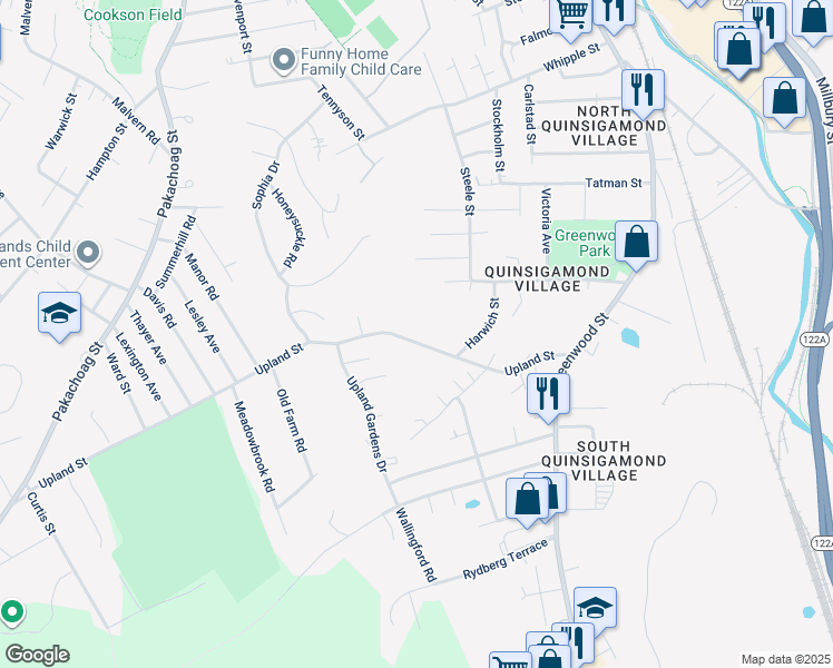map of restaurants, bars, coffee shops, grocery stores, and more near 61 Forsberg Street in Worcester
