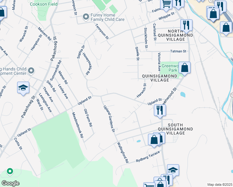 map of restaurants, bars, coffee shops, grocery stores, and more near 70 Upland Street in Worcester