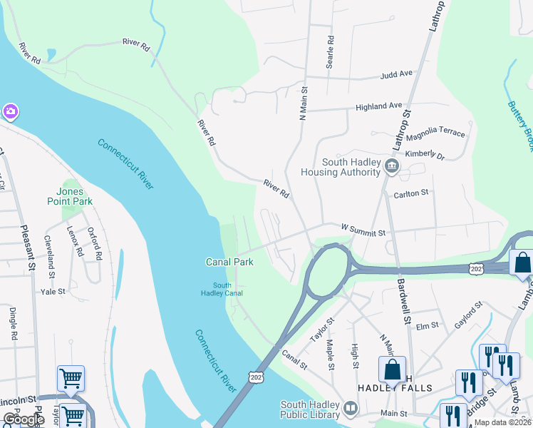map of restaurants, bars, coffee shops, grocery stores, and more near 2-20 River Road in South Hadley