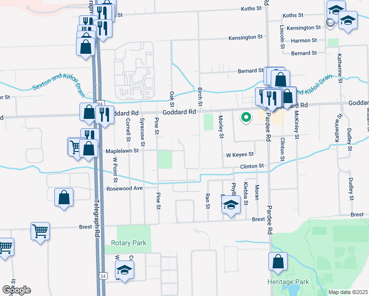 map of restaurants, bars, coffee shops, grocery stores, and more near 11205 Elm Street in Taylor