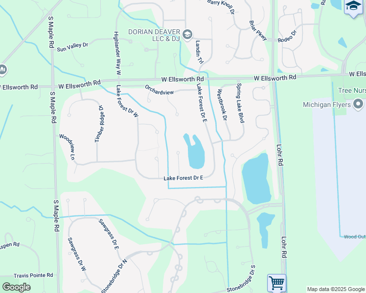 map of restaurants, bars, coffee shops, grocery stores, and more near 4357 Lakeside Court in Ann Arbor