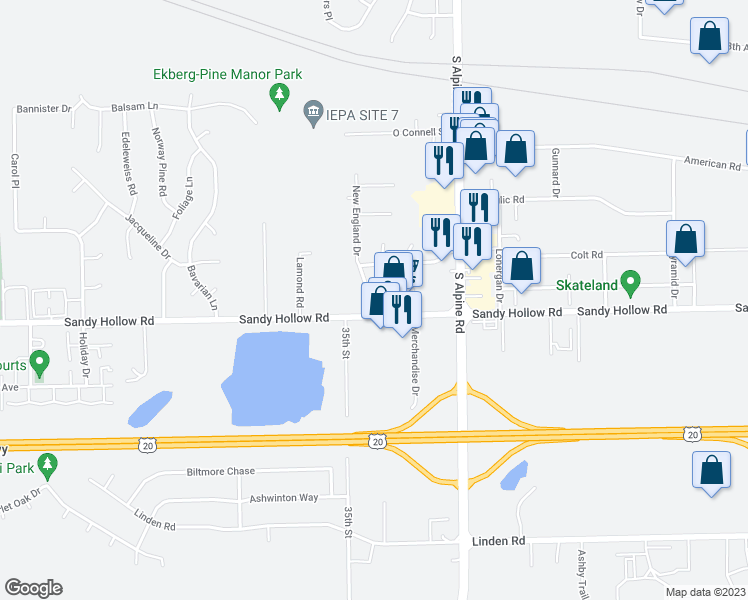 map of restaurants, bars, coffee shops, grocery stores, and more near 3426 New England Drive in Rockford