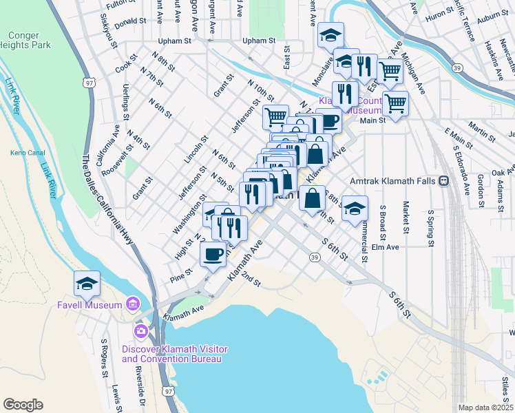 map of restaurants, bars, coffee shops, grocery stores, and more near North 6th Street in Klamath Falls
