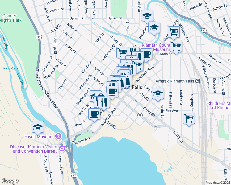 map of restaurants, bars, coffee shops, grocery stores, and more near North 6th Street in Klamath Falls
