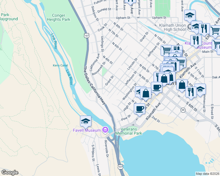 map of restaurants, bars, coffee shops, grocery stores, and more near 121 Lincoln Street in Klamath Falls