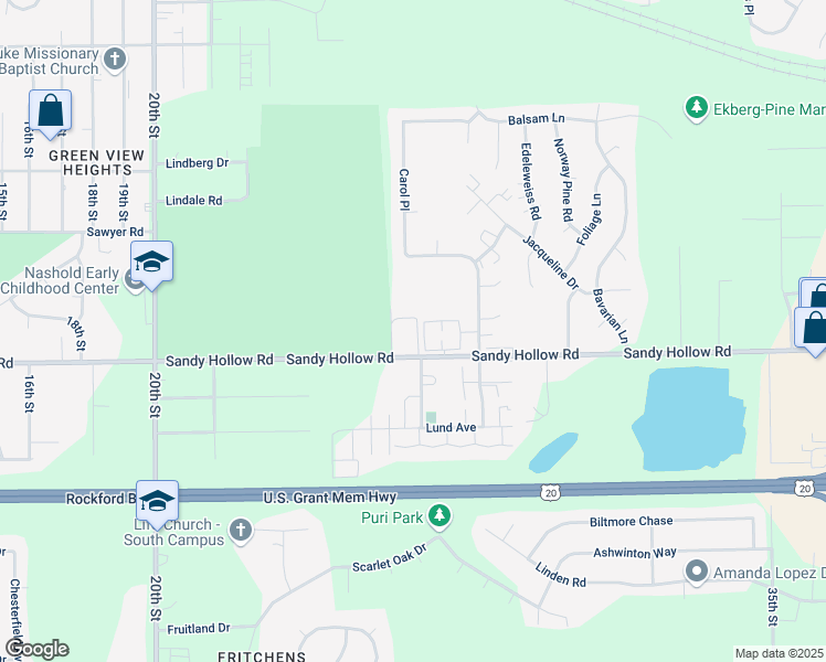 map of restaurants, bars, coffee shops, grocery stores, and more near 2828 Sandy Hollow Road in Rockford