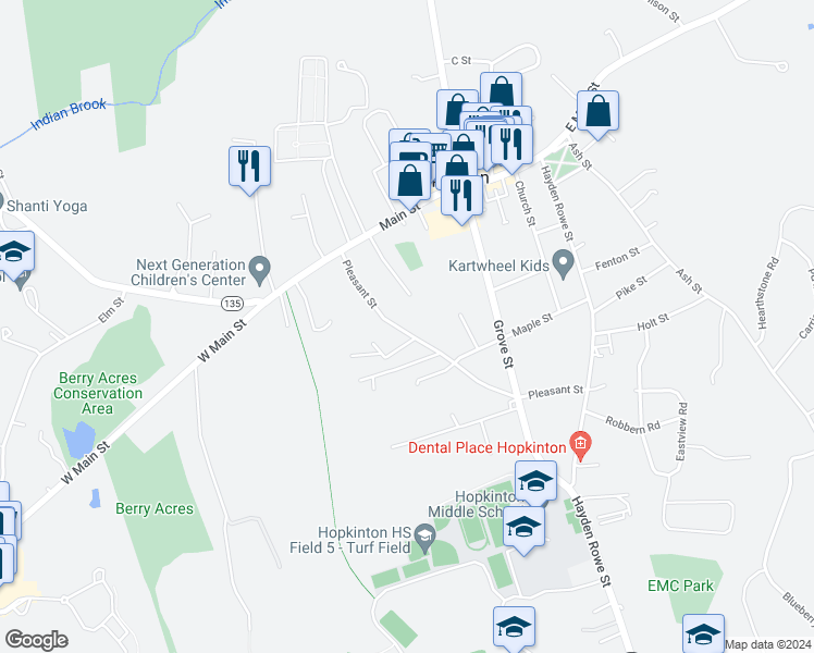 map of restaurants, bars, coffee shops, grocery stores, and more near 39 Pleasant Street in Hopkinton