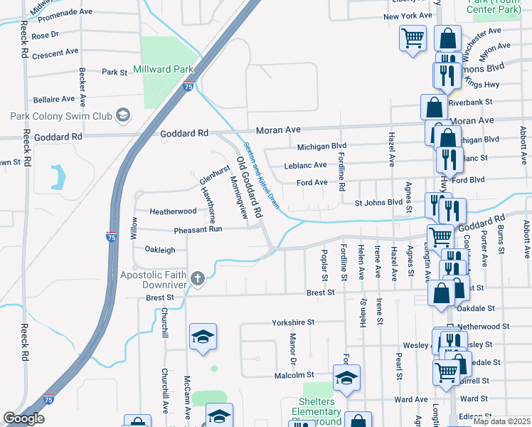 map of restaurants, bars, coffee shops, grocery stores, and more near 11355 Old Goddard Road in Allen Park