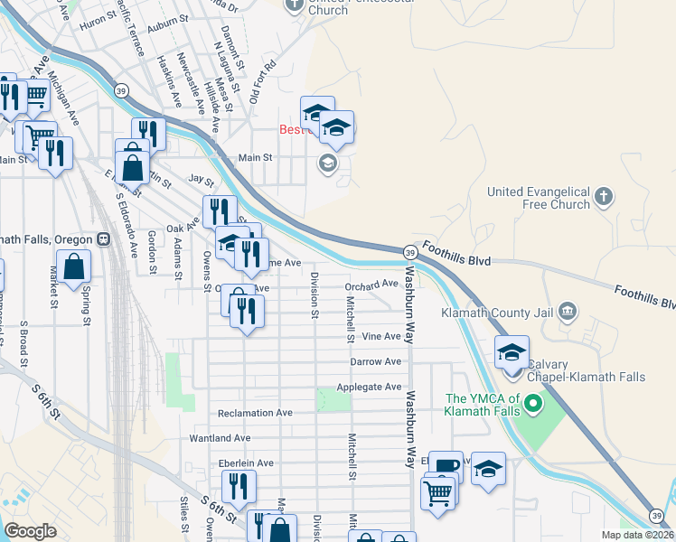 map of restaurants, bars, coffee shops, grocery stores, and more near 2342 Home Avenue in Klamath Falls