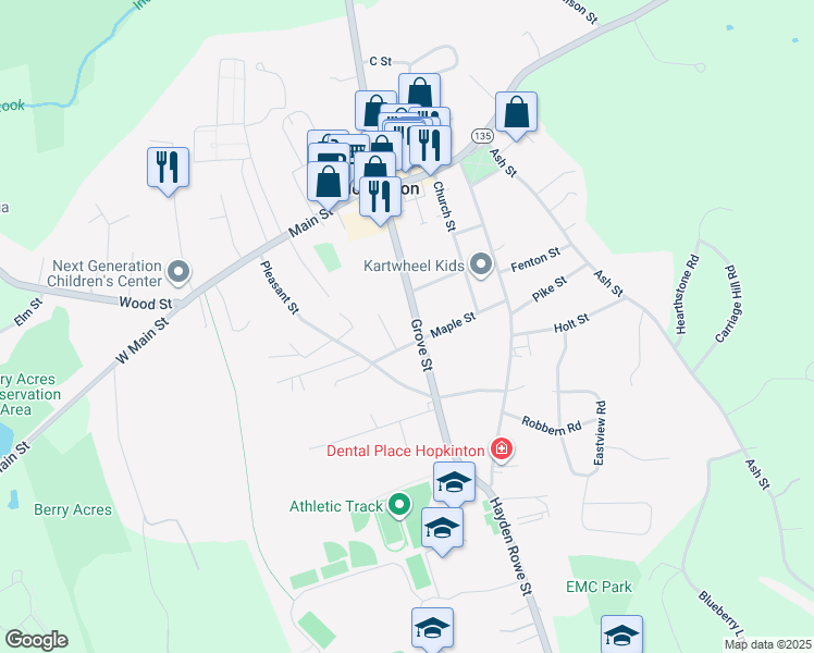 map of restaurants, bars, coffee shops, grocery stores, and more near 44 Grove Street in Hopkinton