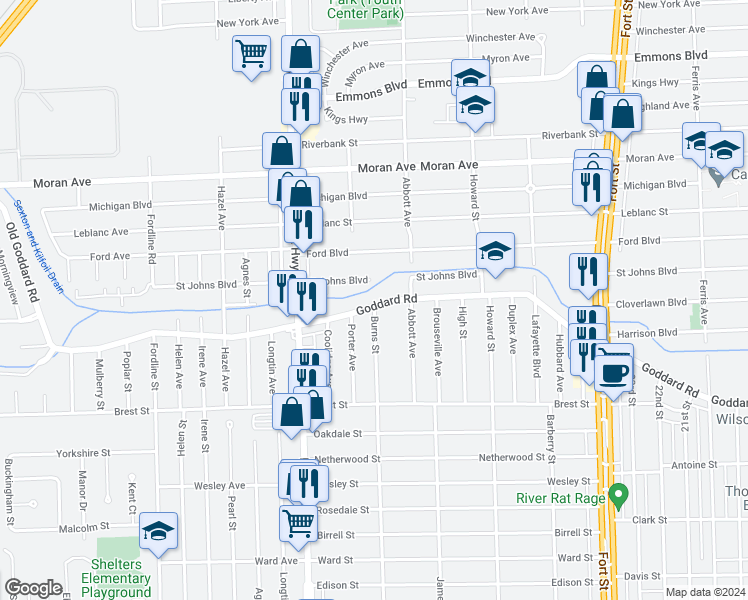 map of restaurants, bars, coffee shops, grocery stores, and more near 1779 Saint Johns Boulevard in Lincoln Park