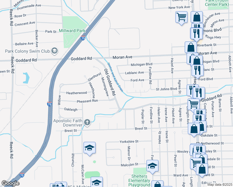 map of restaurants, bars, coffee shops, grocery stores, and more near 11355 Old Goddard Road in Allen Park