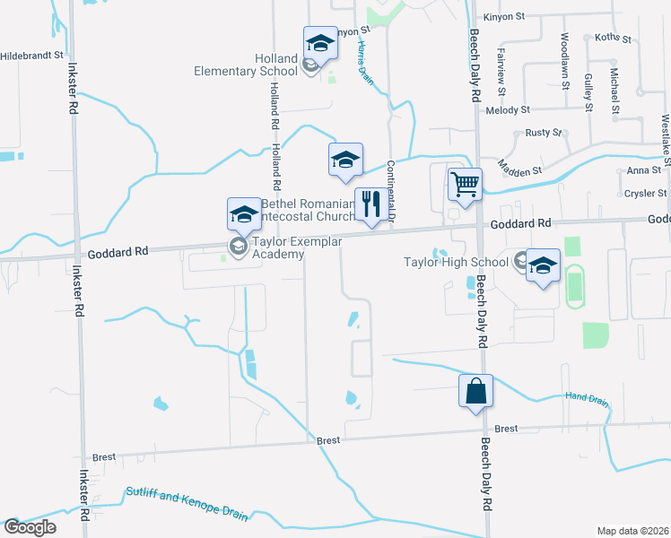map of restaurants, bars, coffee shops, grocery stores, and more near 11032 Partridge Drive in Taylor