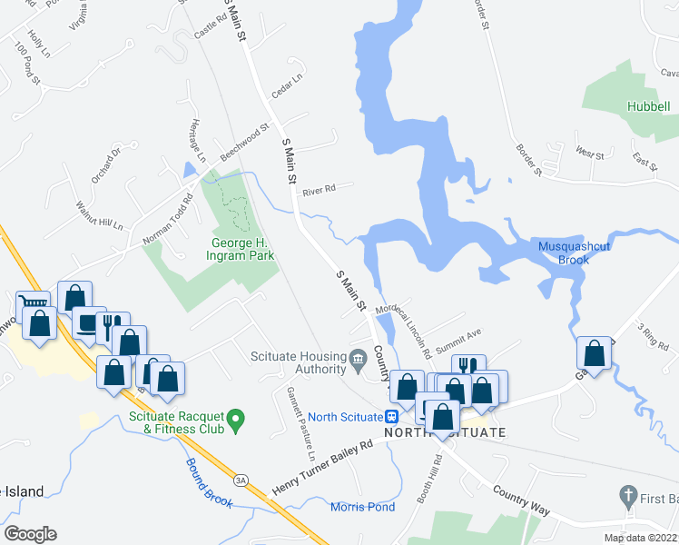 map of restaurants, bars, coffee shops, grocery stores, and more near 400 South Main Street in Cohasset