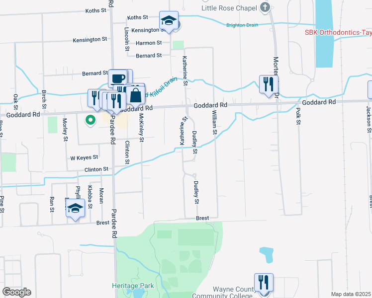 map of restaurants, bars, coffee shops, grocery stores, and more near 11166 Katherine Street in Taylor