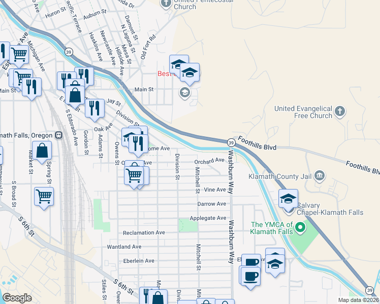 map of restaurants, bars, coffee shops, grocery stores, and more near 2342 Home Avenue in Klamath Falls