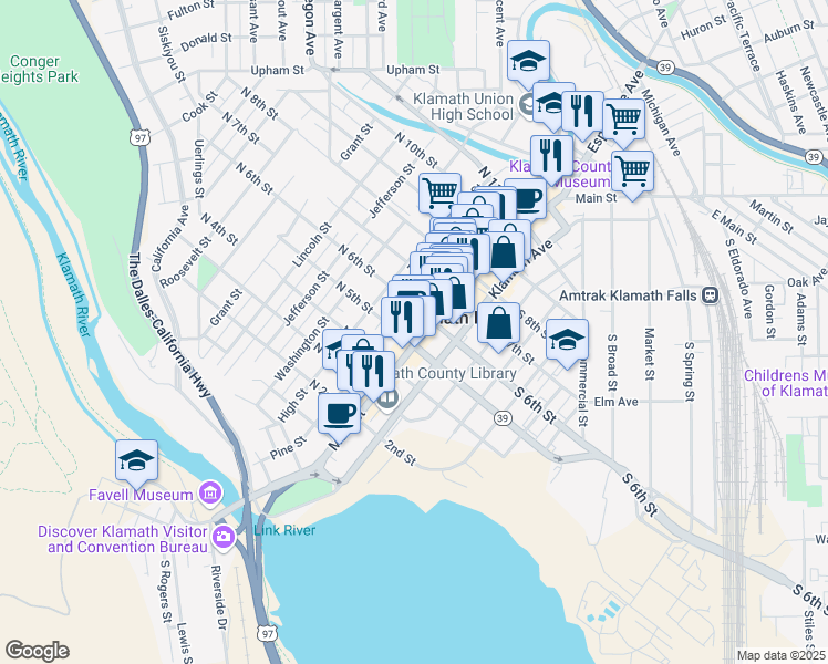 map of restaurants, bars, coffee shops, grocery stores, and more near North 6th Street in Klamath Falls