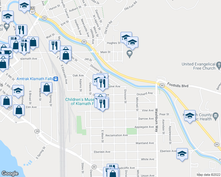 map of restaurants, bars, coffee shops, grocery stores, and more near 2144 Home Avenue in Klamath Falls