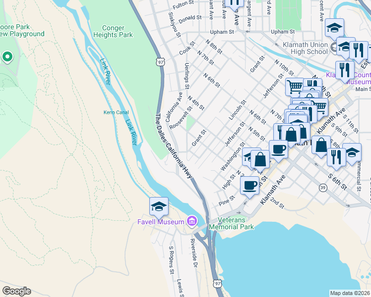 map of restaurants, bars, coffee shops, grocery stores, and more near 711 North 1st Street in Klamath Falls