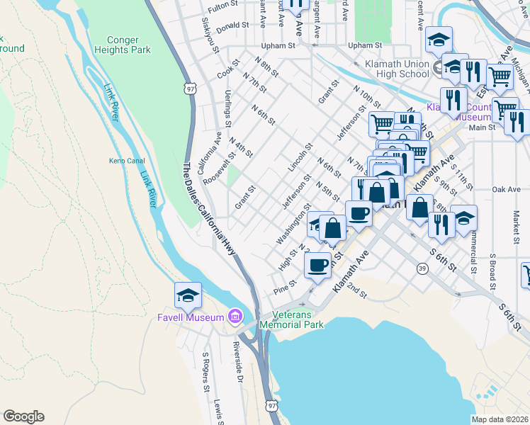 map of restaurants, bars, coffee shops, grocery stores, and more near 223 Lincoln Street in Klamath Falls