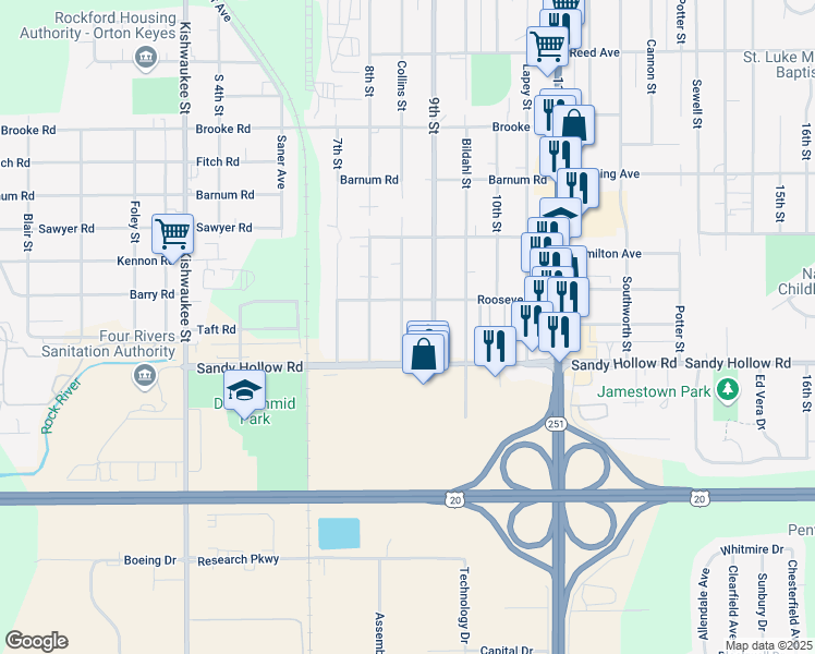 map of restaurants, bars, coffee shops, grocery stores, and more near 3320 Collins Street in Rockford