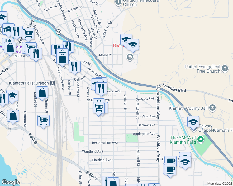 map of restaurants, bars, coffee shops, grocery stores, and more near 495 Division Street in Klamath Falls