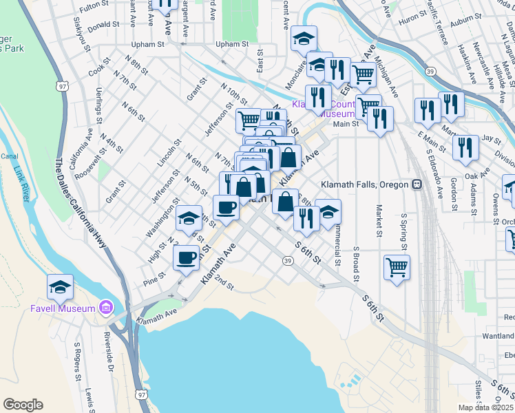 map of restaurants, bars, coffee shops, grocery stores, and more near in Klamath Falls